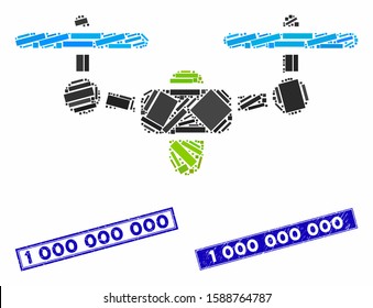 Mosaic air drone icon and rectangle 1000000000 seals. Flat vector air drone mosaic icon of randomized rotated rectangle items. Blue 1000000000 seals with distress surface.