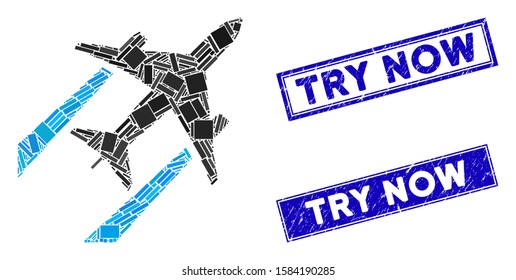 Mosaic air jet trace pictogram and rectangular Try Now seal stamps. Flat vector air jet trace mosaic pictogram of scattered rotated rectangular elements. Blue Try Now seal stamps with grunged surface.