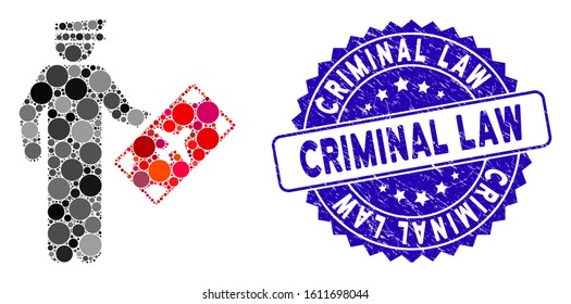 Mosaic air officer icon and distressed stamp seal with Criminal Law caption. Mosaic vector is formed with air officer icon and with randomized round spots. Criminal Law stamp seal uses blue color,