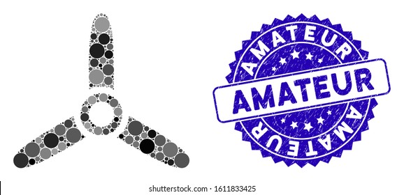 Mosaic air turbine icon and grunge stamp seal with Amateur phrase. Mosaic vector is formed with air turbine pictogram and with random circle items. Amateur stamp seal uses blue color,