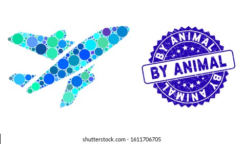 Mosaic aircraft icon and rubber stamp seal with By Animal caption. Mosaic vector is formed from aircraft icon and with random circle spots. By Animal stamp seal uses blue color, and distress design.