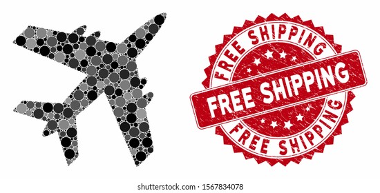 Mosaic aircraft and rubber stamp seal with Free Shipping phrase. Mosaic vector is designed with aircraft icon and with scattered circle spots. Free Shipping stamp seal uses red color,