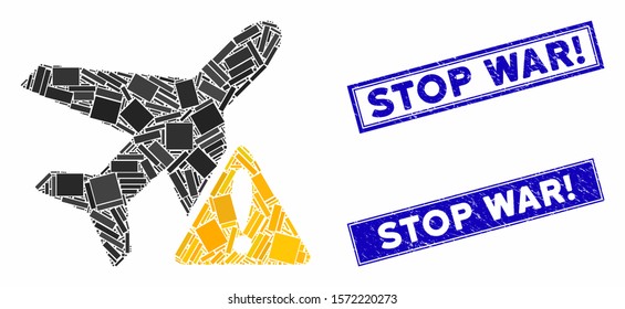 Mosaic aircraft warning pictogram and rectangular Stop War! stamps. Flat vector aircraft warning mosaic pictogram of scattered rotated rectangular elements.