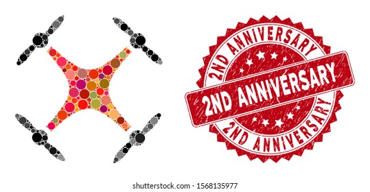 Mosaic airdrone and grunge stamp watermark with 2Nd Anniversary phrase. Mosaic vector is designed with airdrone icon and with random spheric elements. 2Nd Anniversary stamp seal uses red color,