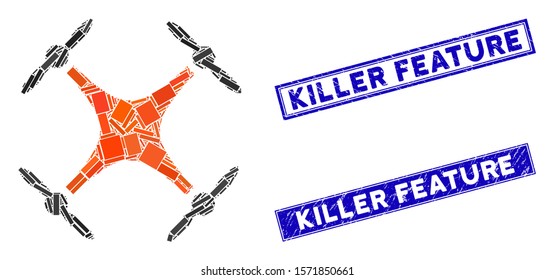Mosaic airdrone pictogram and rectangular Killer Feature seal stamps. Flat vector airdrone mosaic pictogram of randomized rotated rectangular elements.