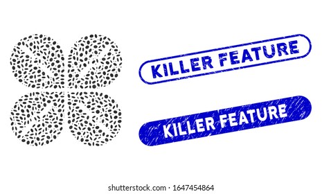 Mosaic airdrone screws rotation and corroded stamp watermarks with Killer Feature phrase. Mosaic vector airdrone screws rotation is created with randomized ellipse spots.