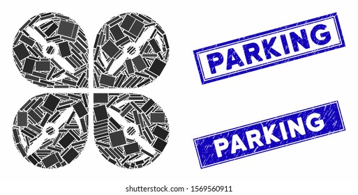Mosaic airdrone screws rotation pictogram and rectangular rubber prints. Flat vector airdrone screws rotation mosaic pictogram of randomized rotated rectangle elements.
