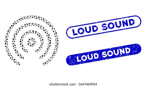 Mosaic airdrop center and distressed stamp seals with Loud Sound phrase. Mosaic vector airdrop center is created with random ellipse items. Loud Sound stamp seals use blue color,