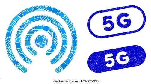 Mosaic airdrop source and distressed stamp seals with 5G phrase. Mosaic vector airdrop source is composed with random rectangle items. 5G seals use blue color, and have round rectangle shape.