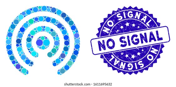 Mosaic airdrop source icon and rubber stamp seal with No Signal phrase. Mosaic vector is designed with airdrop source pictogram and with random circle items. No Signal stamp seal uses blue color,