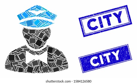 Mosaic airline steward pictogram and rectangle City seal stamps. Flat vector airline steward mosaic pictogram of scattered rotated rectangle items. Blue City rubber stamps with scratched texture.