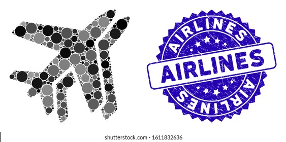 Mosaic airlines icon and grunge stamp seal with Airlines phrase. Mosaic vector is composed with airlines icon and with randomized round spots. Airlines stamp uses blue color, and grunged texture.