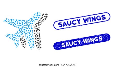 Mosaic airlines and rubber stamp seals with Saucy Wings phrase. Mosaic vector airlines is formed with scattered oval dots. Saucy Wings stamp seals use blue color, and have round rectangle shape.