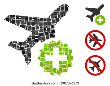 Icono de adición de Mosaic Airplane diseñado a partir de elementos cuadrados de diferentes tamaños y colores. Los elementos cuadrados vectoriales se organizan en un icono abstracto de adición de un avión de mosaico. Se colocan pictogramas bonificados.