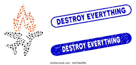 Mosaic airplane burn and corroded stamp seals with Destroy Everything phrase. Mosaic vector airplane burn is formed with randomized oval spots. Destroy Everything stamp seals use blue color,