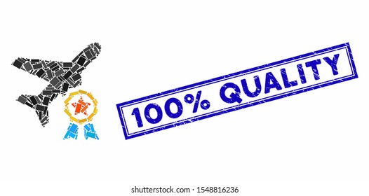 Mosaic airplane certification and grunge stamp seal with 100% Quality text. Mosaic vector airplane certification is composed with randomized rectangle items. 100% Quality stamp seal uses blue color.