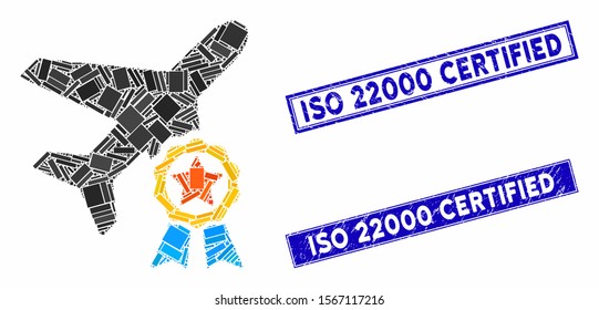 Mosaic airplane certification icon and rectangle stamps. Flat vector airplane certification mosaic icon of randomized rotated rectangle elements. Blue caption seals with corroded surface.