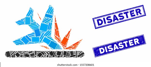 Mosaic airplane crash landing icon and rectangular seals. Flat vector airplane crash landing mosaic pictogram of randomized rotated rectangular elements. Blue caption seals with grunged texture.