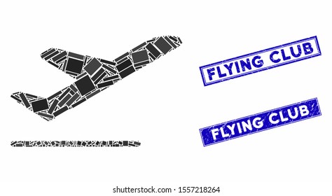 Mosaic airplane departure pictogram and rectangular seal stamps. Flat vector airplane departure mosaic icon of randomized rotated rectangular elements. Blue caption seal stamps with scratched surface.
