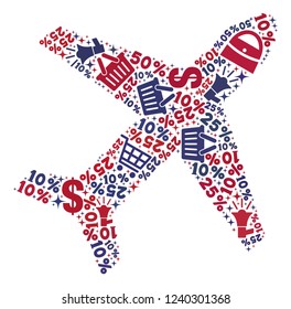 Mosaic airplane designed with blue and red shopping symbols. Retail combination of mosaic airplane icon. Flat design for promotion templates.