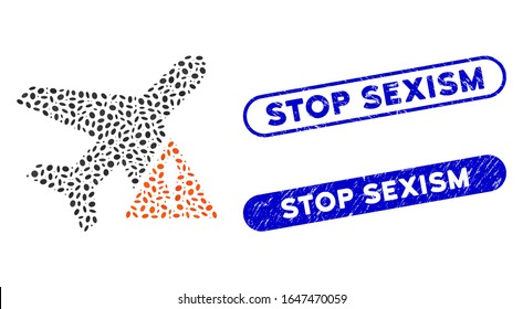 Error de avión mosaico y sellos de sello de grunge con la leyenda Stop Sexista. El error de avión vector mosaico se diseña con piezas elípticas aleatorias. Detener los sellos de sello de sexismo usan color azul,