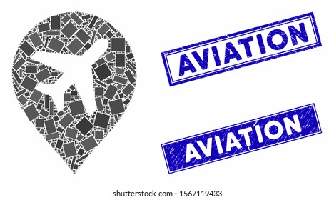 Mosaic airplane marker icon and rectangle seals. Flat vector airplane marker mosaic icon of random rotated rectangular elements. Blue caption seals with scratched textures.