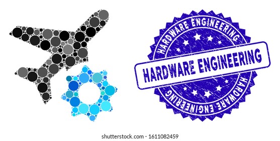 Mosaic airplane options gear icon and rubber stamp seal with Hardware Engineering caption. Mosaic vector is created with airplane options gear pictogram and with random spheric elements.