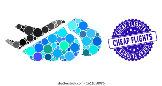Mosaic airplane over clouds icon and grunge stamp seal with Cheap Flights text. Mosaic vector is created with airplane over clouds icon and with scattered circle elements.