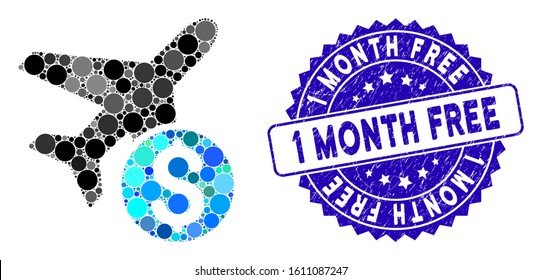 Mosaic airplane price icon and grunge stamp seal with 1 Month Free caption. Mosaic vector is composed with airplane price icon and with randomized round spots. 1 Month Free stamp seal uses blue color,