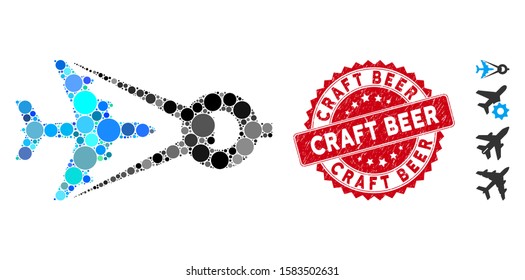 Mosaic airplane project icon and distressed stamp seal with Craft Beer text. Mosaic vector is composed with airplane project icon and with random spheric items. Craft Beer stamp uses red color,