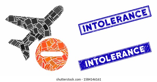 Mosaic airplane restricted icon and rectangle Intolerance stamps. Flat vector airplane restricted mosaic icon of scattered rotated rectangle items. Blue Intolerance seal stamps with scratched surface.