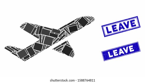Mosaic airplane takeoff icon and rectangular Leave seal stamps. Flat vector airplane takeoff mosaic icon of scattered rotated rectangle elements. Blue Leave stamps with scratched texture.