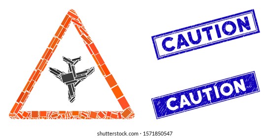 Mosaic airplane warning pictogram and rectangle Caution rubber prints. Flat vector airplane warning mosaic pictogram of random rotated rectangular elements. Blue Caution stamps with rubber surface.