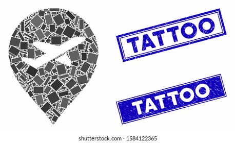 Mosaic airport marker pictogram and rectangular Tattoo stamps. Flat vector airport marker mosaic pictogram of scattered rotated rectangular items. Blue Tattoo rubber stamps with distress texture.