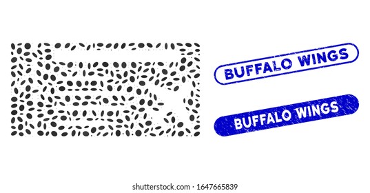 Mosaic airticket and grunge stamp seals with Buffalo Wings phrase. Mosaic vector airticket is composed with random ellipse pieces. Buffalo Wings stamp seals use blue color,