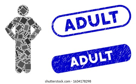 Mosaic akimbo pose and grunge stamp seals with Adult phrase. Mosaic vector akimbo pose is formed with randomized rectangle items. Adult stamp seals use blue color, and have round rectangle shape.