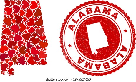 Mosaic Alabama State map composed with red love hearts, and rubber seal stamp. Vector lovely round red rubber seal imitation with Alabama State map inside.