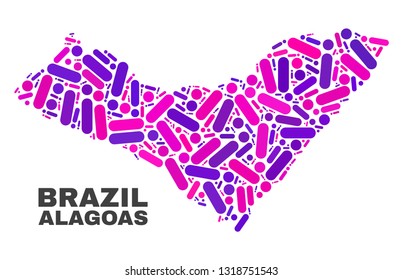 Mosaic Alagoas State map isolated on a white background. Vector geographic abstraction in pink and violet colors. Mosaic of Alagoas State map combined of scattered round dots and lines.