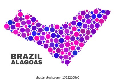 Mosaic Alagoas State map isolated on a white background. Vector geographic abstraction in pink and violet colors. Mosaic of Alagoas State map combined of random spheric items.