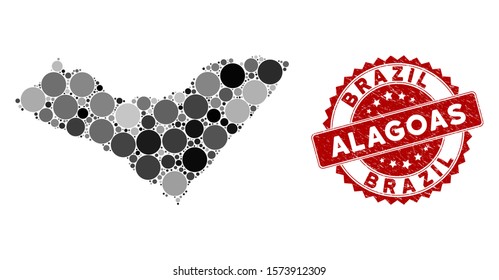 Mosaic Alagoas State map and round seal. Flat vector Alagoas State map mosaic of randomized round elements. Red rubber seal with corroded surface. Designed for political and patriotic applications.