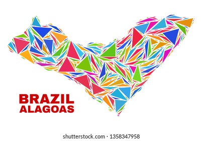 Mosaic Alagoas State map of triangles in bright colors isolated on a white background. Triangular collage in shape of Alagoas State map. Abstract design for patriotic purposes.