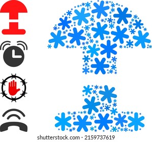 El icono del botón de alarma de mosaico está organizado para invierno, Año Nuevo, Navidad. El mosaico de iconos del botón de alarma se crea con elementos de nieve azul claro. Se agregan algunos iconos similares.