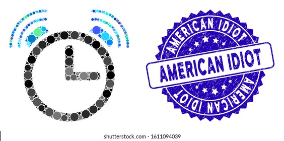 Mosaic alarm clock icon and grunge stamp watermark with American Idiot text. Mosaic vector is formed with alarm clock icon and with randomized circle elements.