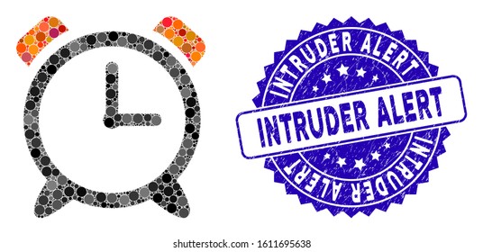 Mosaic alarm clock icon and rubber stamp watermark with Intruder Alert caption. Mosaic vector is formed with alarm clock icon and with scattered spheric spots. Intruder Alert stamp uses blue color,