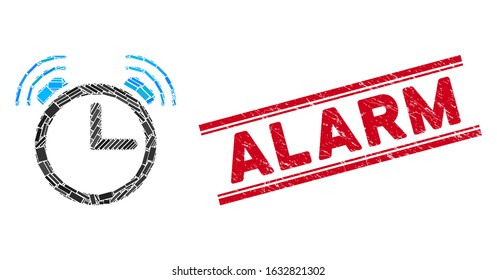 Mosaic alarm clock pictogram and red Alarm stamp between double parallel lines. Flat vector alarm clock mosaic pictogram of scattered rotated rectangular items.