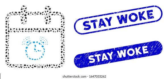 Mosaic alarm day and rubber stamp seals with Stay Woke phrase. Mosaic vector alarm day is formed with randomized oval items. Stay Woke seals use blue color, and have round rectangle shape.