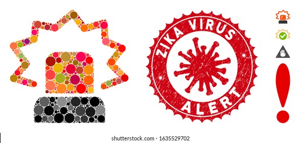 Mosaic alarm icon and red rounded grunge stamp seal with Zika Virus Alert phrase and coronavirus symbol. Mosaic vector is designed from alarm icon and with random spheric spots.