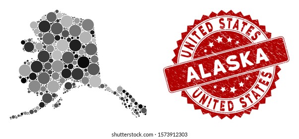 Mosaic Alaska map and circle watermark. Flat vector Alaska map mosaic of random circle items. Red watermark with distress design. Designed for political and patriotic applications.