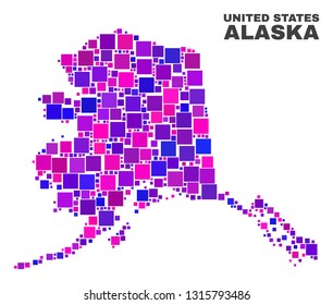 Mosaic Alaska map isolated on a white background. Vector geographic abstraction in pink and violet colors. Mosaic of Alaska map combined of scattered small squares.