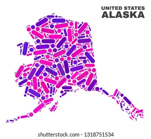 Mosaic Alaska map isolated on a white background. Vector geographic abstraction in pink and violet colors. Mosaic of Alaska map combined of scattered circle dots and lines.